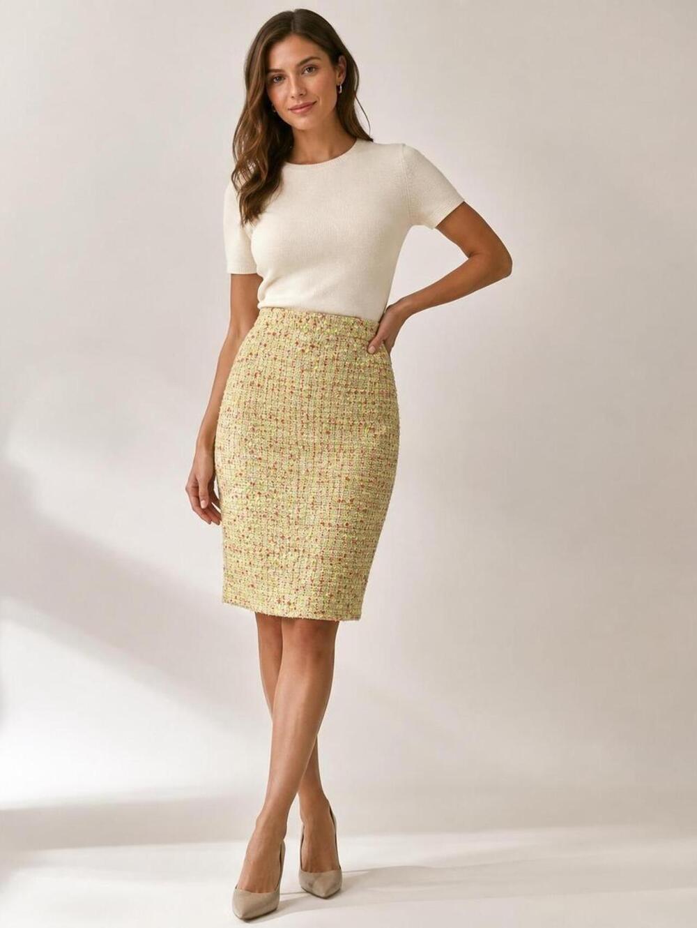J. Crew Tweed Pencil Skirt Yellow Textured Knee Length Back Vent Lined Size 6